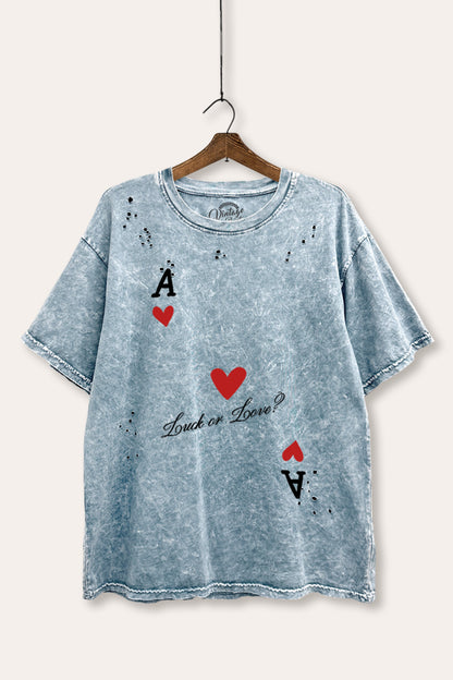 "luck or love" graphic mineral wash laser distress tee