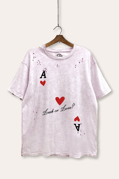 "luck or love" graphic mineral wash laser distress tee