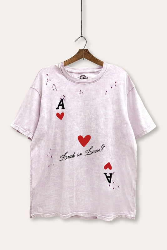 "luck or love" graphic mineral wash laser distress tee