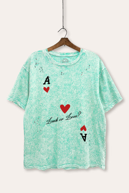 "luck or love" graphic mineral wash laser distress tee
