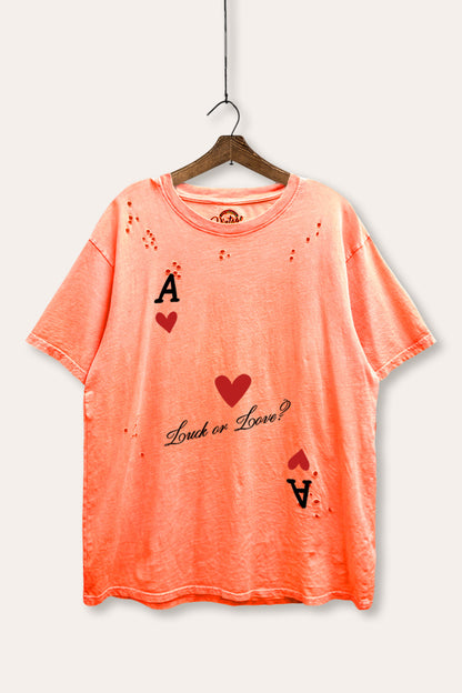 "luck or love" graphic mineral wash laser distress tee
