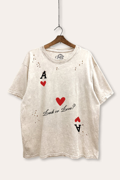 "luck or love" graphic mineral wash laser distress tee