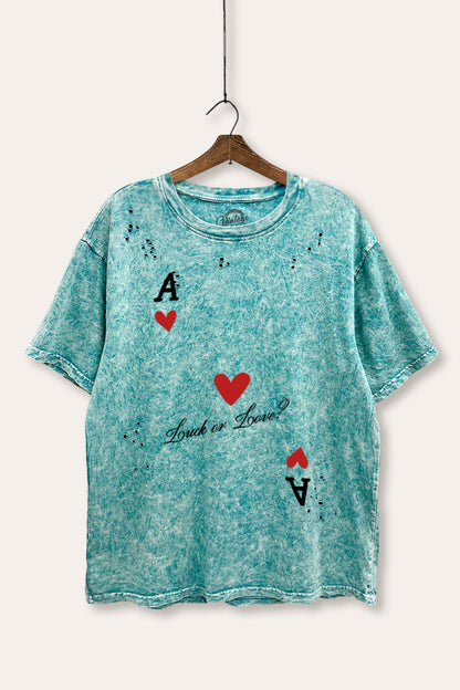 "luck or love" graphic mineral wash laser distress tee