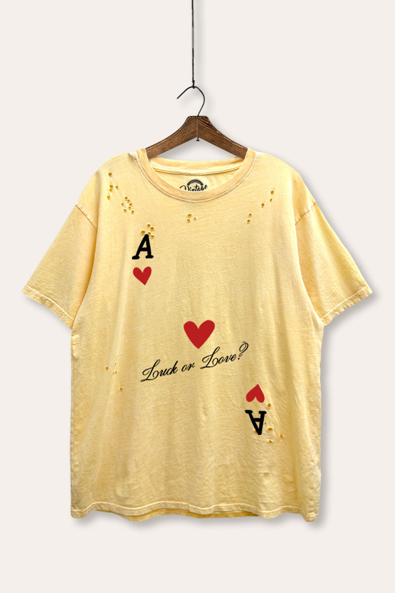 "luck or love" graphic mineral wash laser distress tee