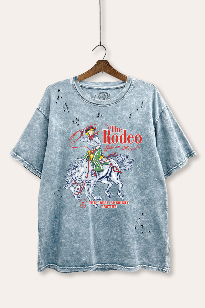 "the rodeo" graphic mineral wash laser distress tee