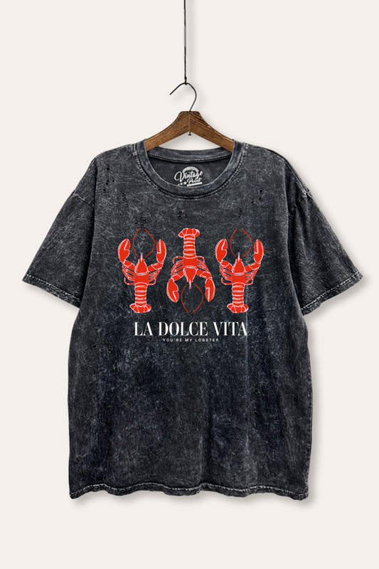 "la dolce vita" lobster graphic mineral wash laser distress tee