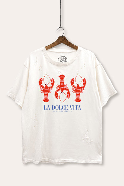 "la dolce vita" lobster graphic mineral wash laser distress tee