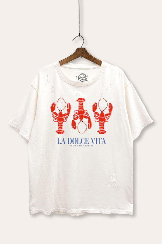 "la dolce vita" lobster graphic mineral wash laser distress tee
