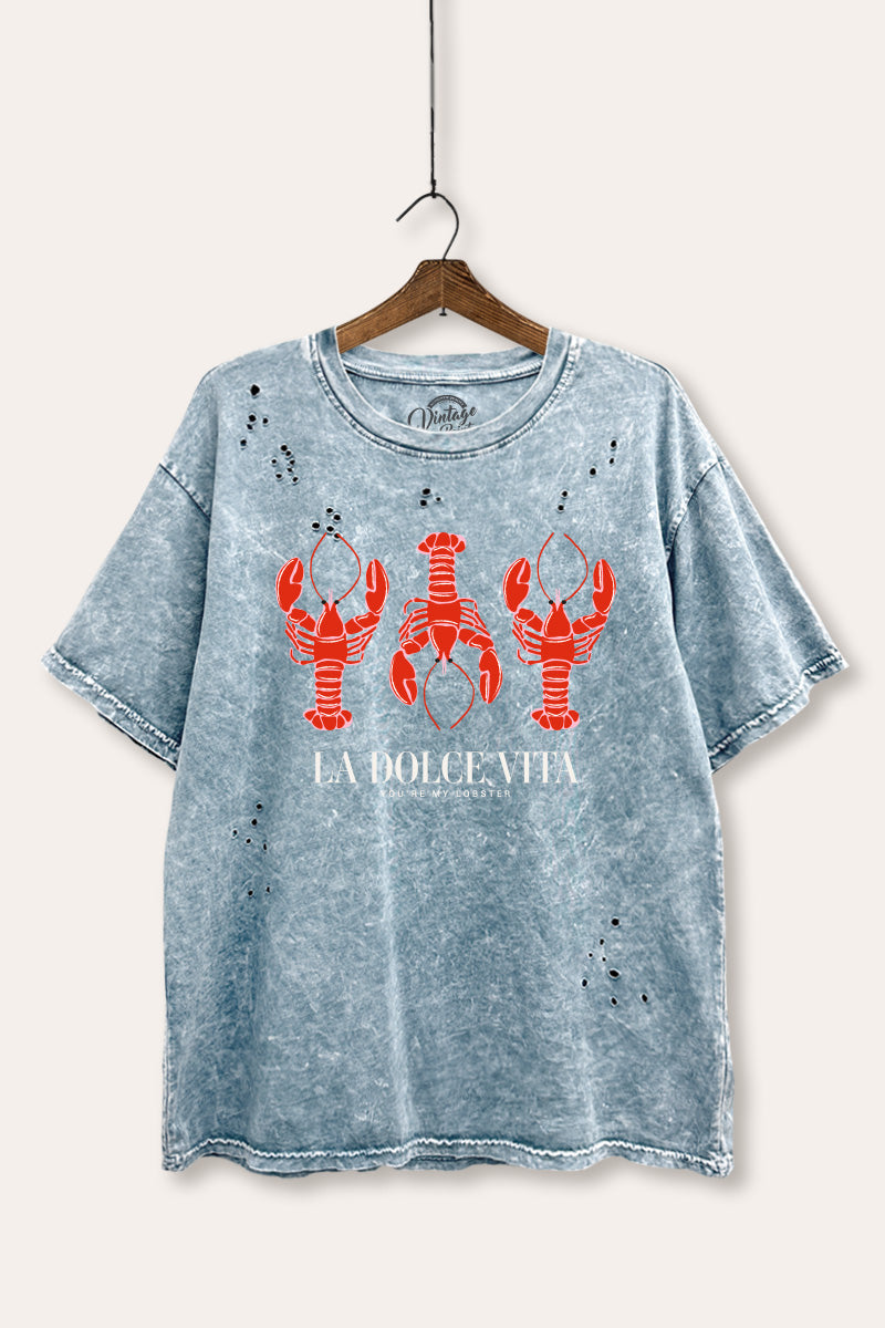 "la dolce vita" lobster graphic mineral wash laser distress tee