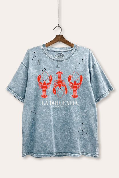 "la dolce vita" lobster graphic mineral wash laser distress tee