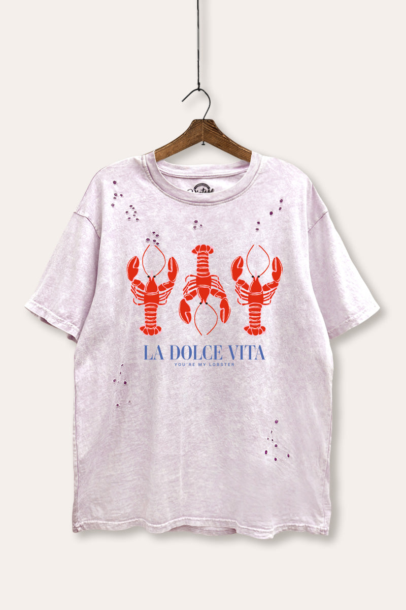 "la dolce vita" lobster graphic mineral wash laser distress tee