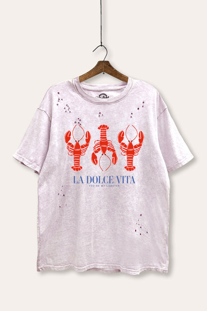 "la dolce vita" lobster graphic mineral wash laser distress tee
