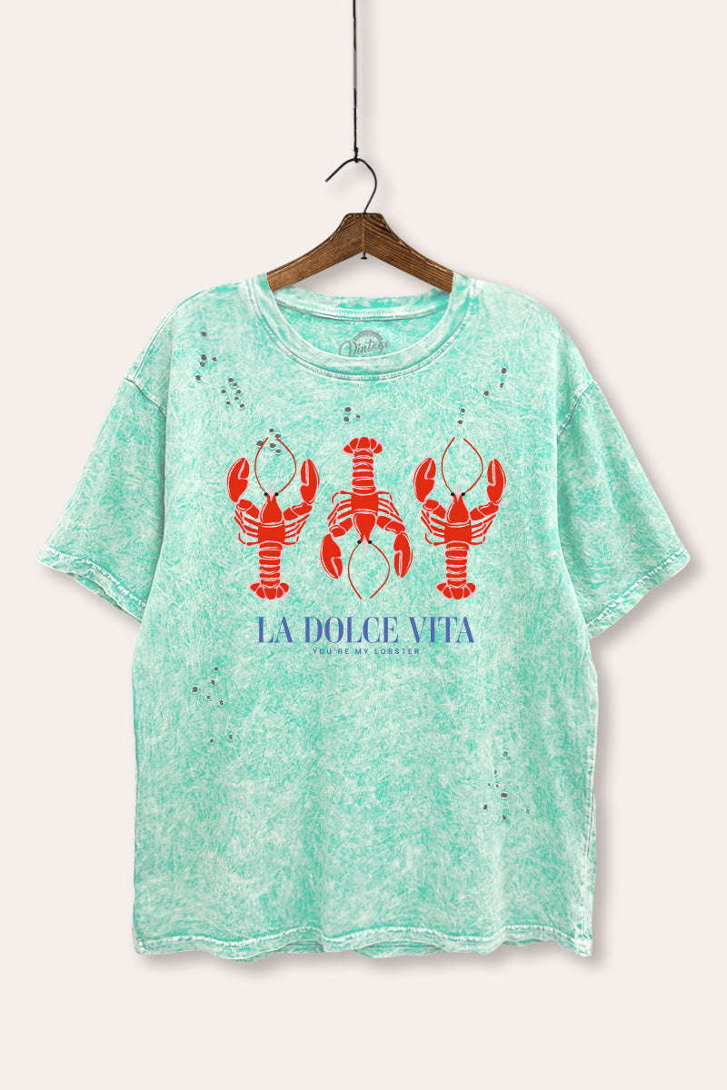 "la dolce vita" lobster graphic mineral wash laser distress tee