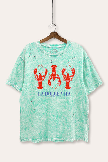 "la dolce vita" lobster graphic mineral wash laser distress tee