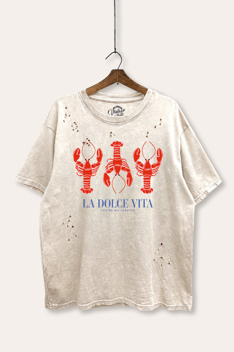 "la dolce vita" lobster graphic mineral wash laser distress tee