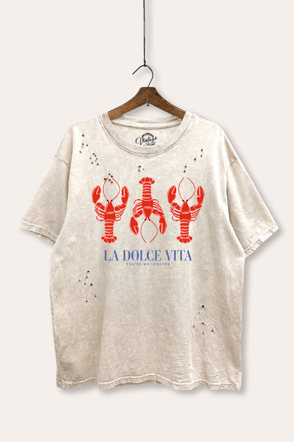 "la dolce vita" lobster graphic mineral wash laser distress tee