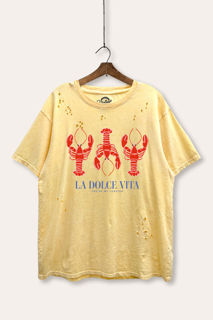 "la dolce vita" lobster graphic mineral wash laser distress tee