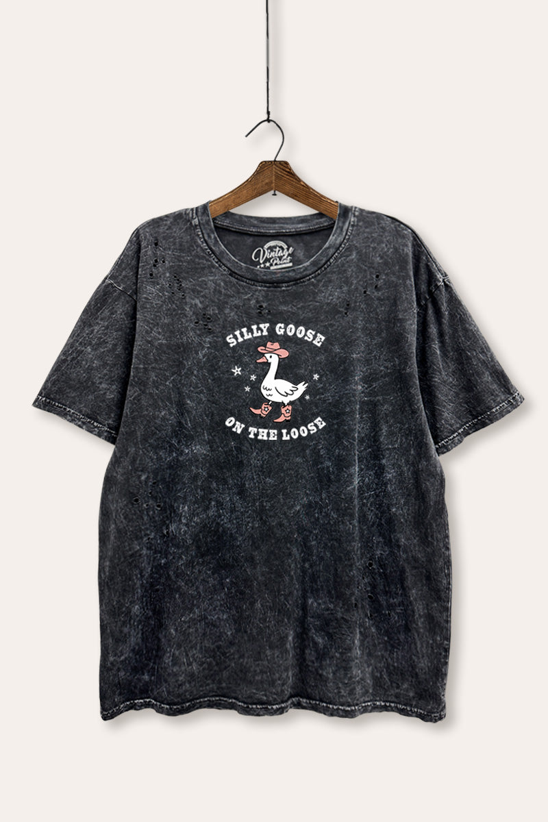 Silly Goose Western Graphic Mineral Wash Distress Tee