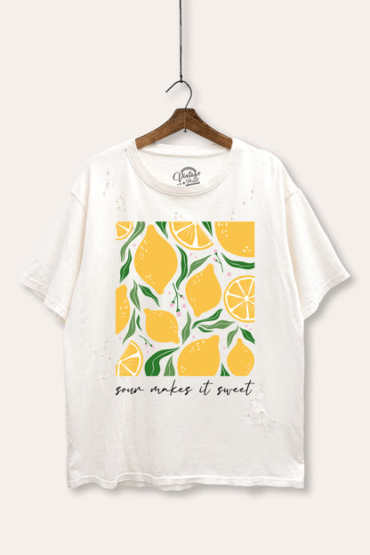 Sour & Sweet Lemon Fruit Graphic Mineral Wash Distress Tee