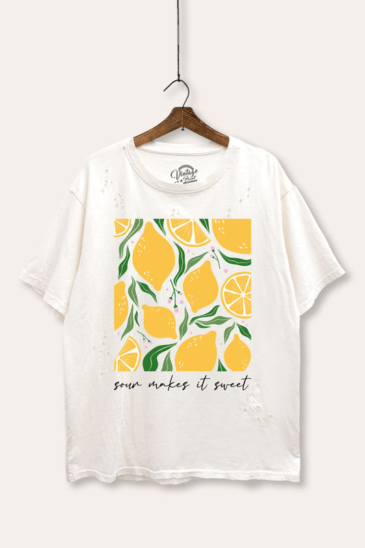 Sour & Sweet Lemon Fruit Graphic Mineral Wash Distress Tee