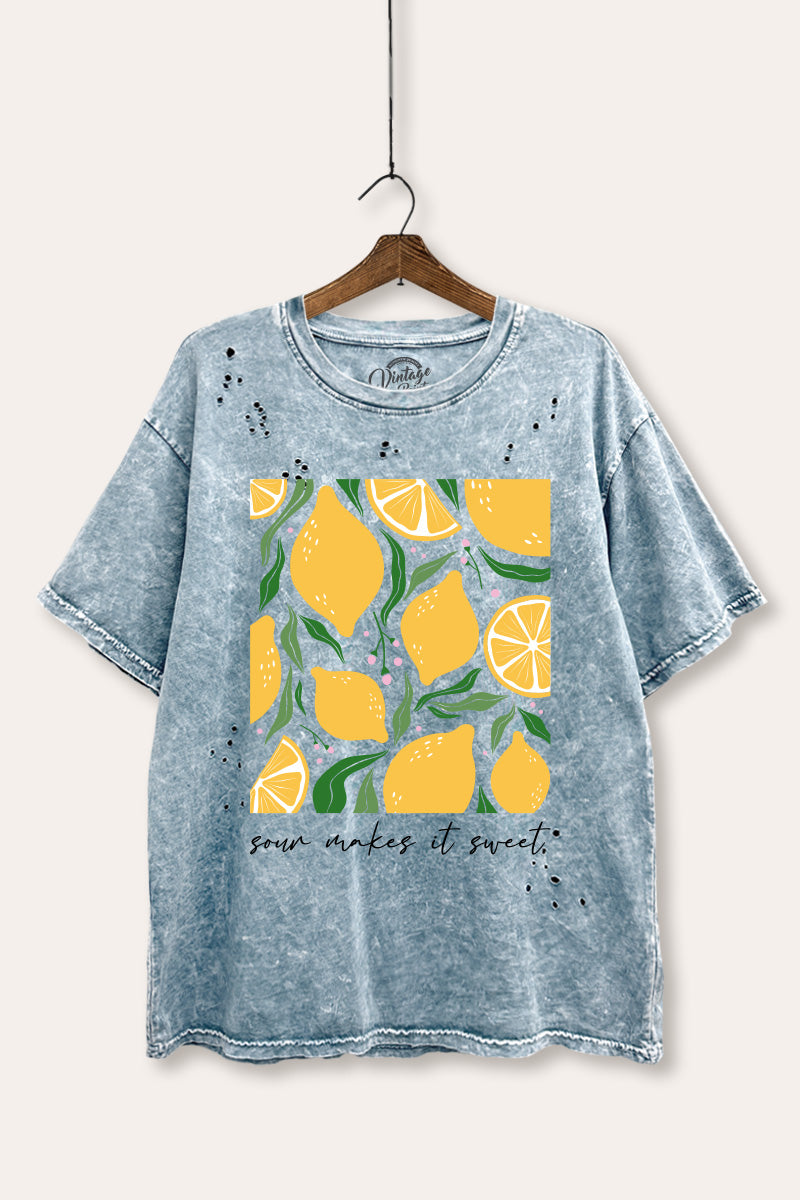 Sour & Sweet Lemon Fruit Graphic Mineral Wash Distress Tee