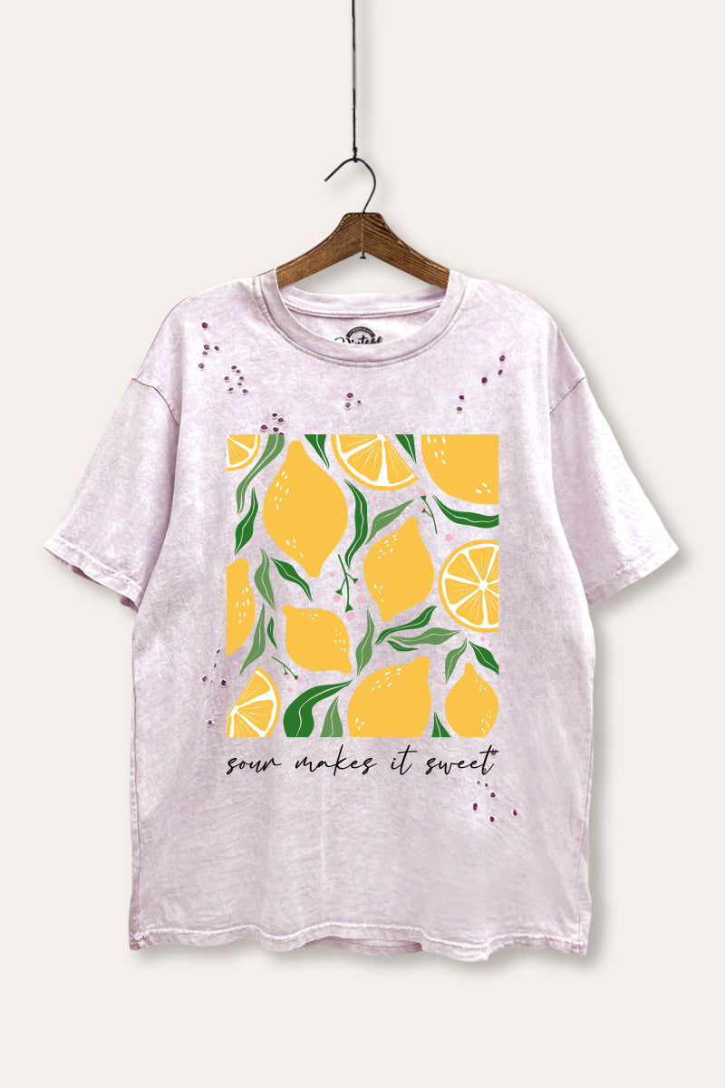 Sour & Sweet Lemon Fruit Graphic Mineral Wash Distress Tee