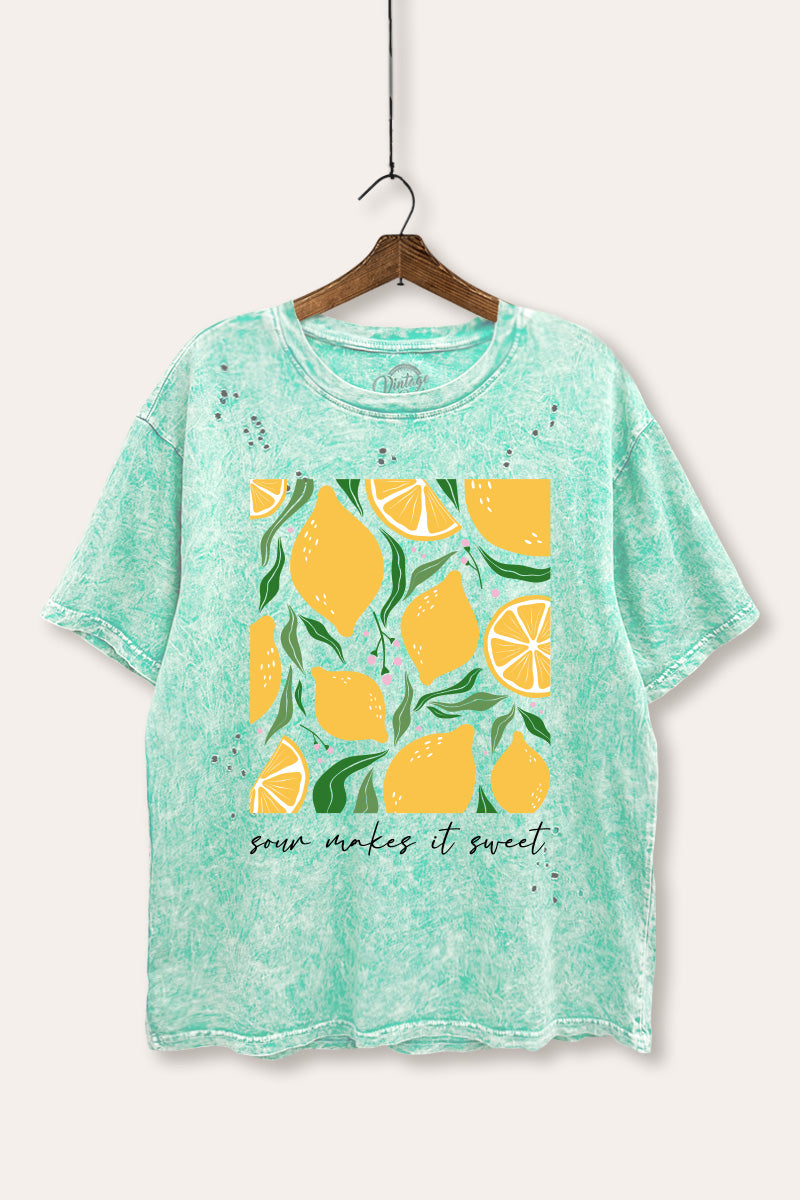 Sour & Sweet Lemon Fruit Graphic Mineral Wash Distress Tee