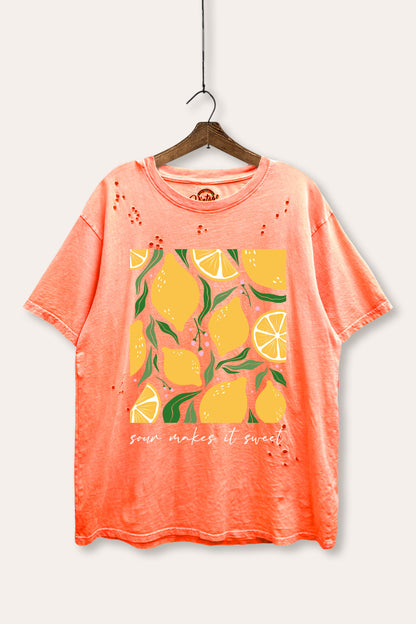 Sour & Sweet Lemon Fruit Graphic Mineral Wash Distress Tee