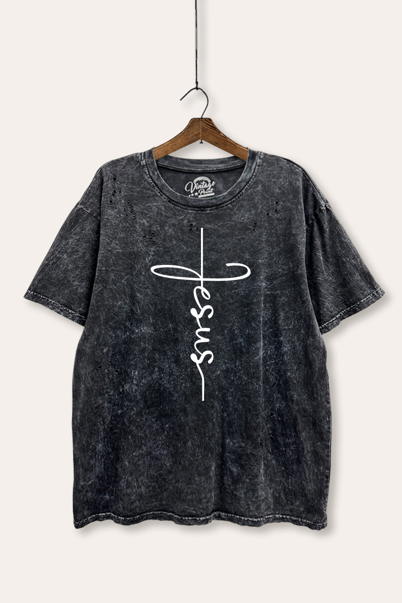 Jesus Cross Typography Mineral Wash Distress Tee