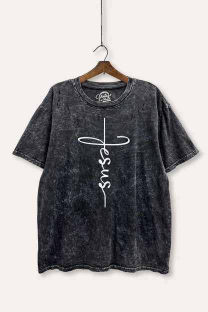 Jesus Cross Typography Mineral Wash Distress Tee