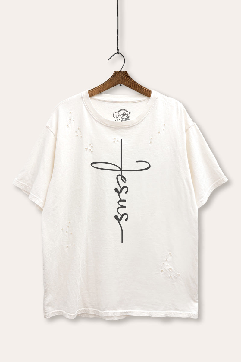 Jesus Cross Typography Mineral Wash Distress Tee