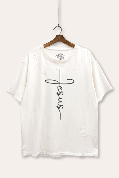 Jesus Cross Typography Mineral Wash Distress Tee