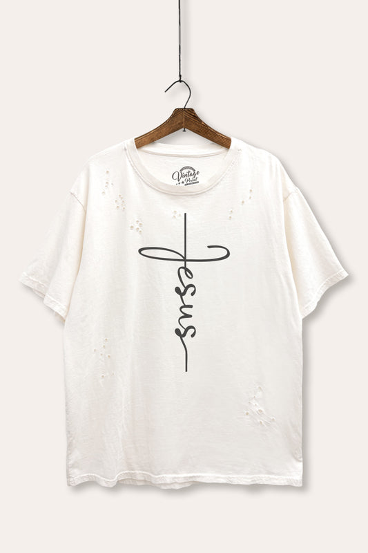Jesus Cross Typography Mineral Wash Distress Tee