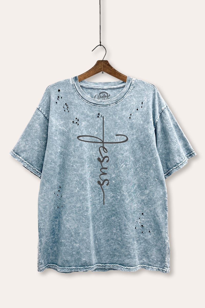 Jesus Cross Typography Mineral Wash Distress Tee