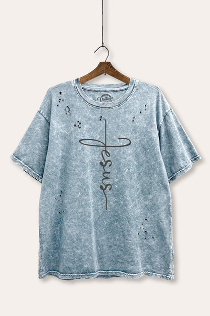 Jesus Cross Typography Mineral Wash Distress Tee