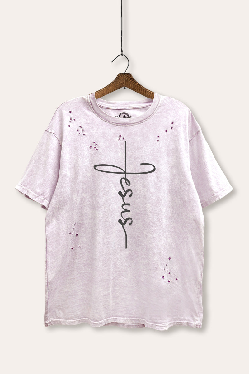 Jesus Cross Typography Mineral Wash Distress Tee