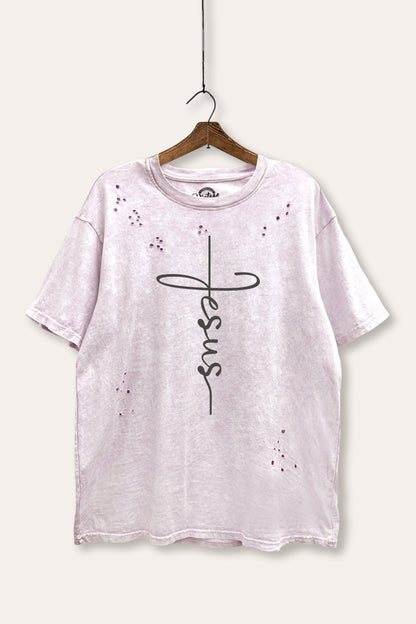 Jesus Cross Typography Mineral Wash Distress Tee