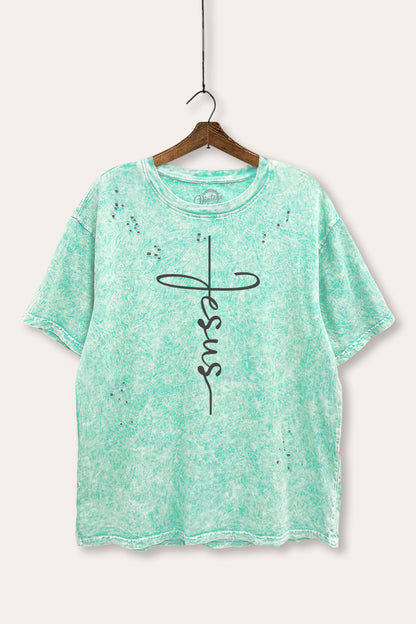 Jesus Cross Typography Mineral Wash Distress Tee
