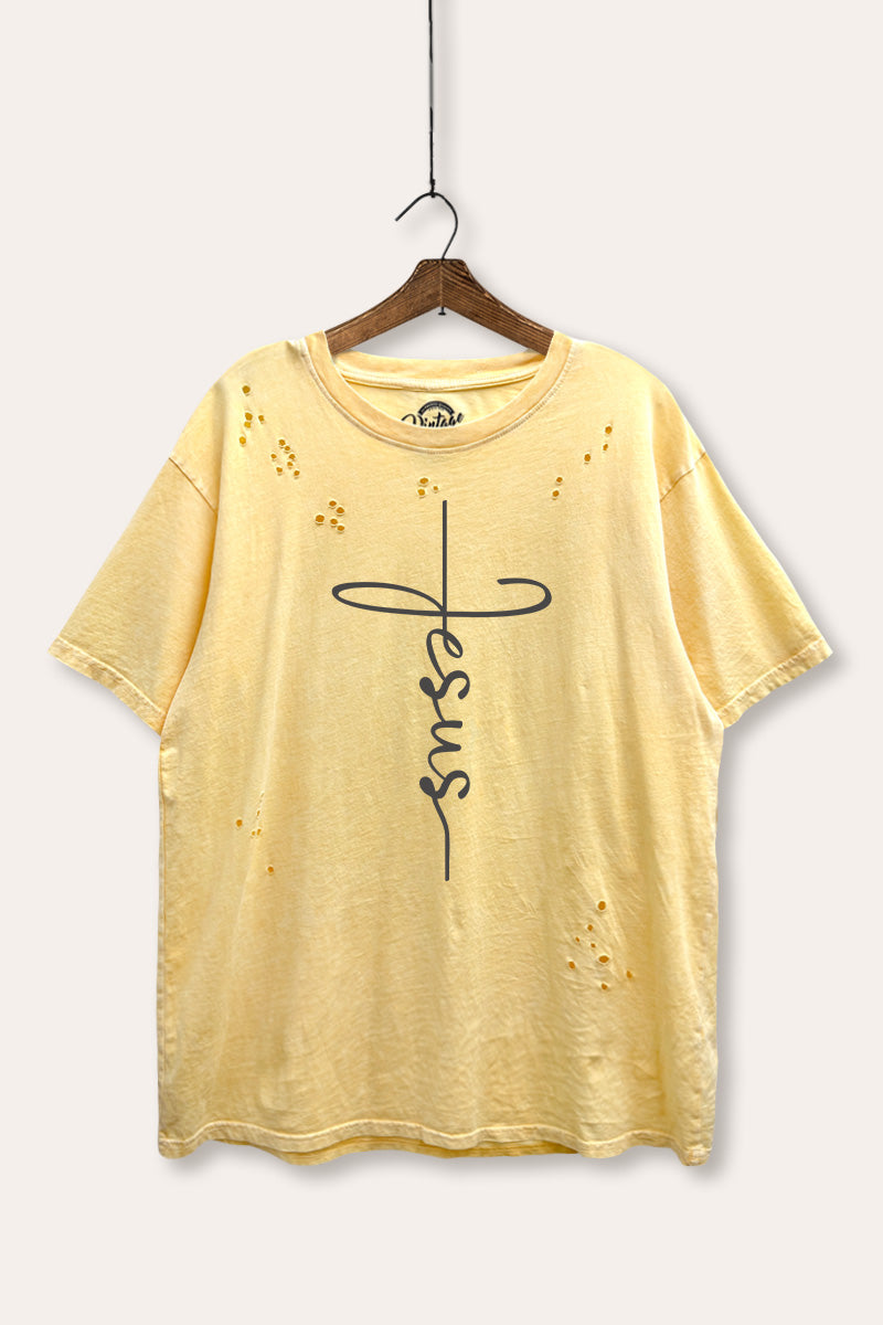 Jesus Cross Typography Mineral Wash Distress Tee