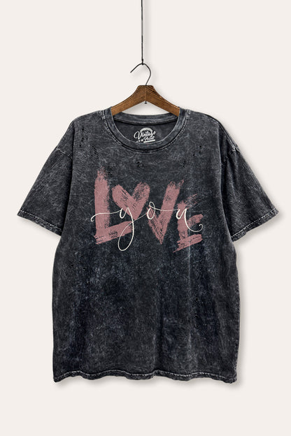 Love You Heart Graphic Mineral Wash Distress Tee