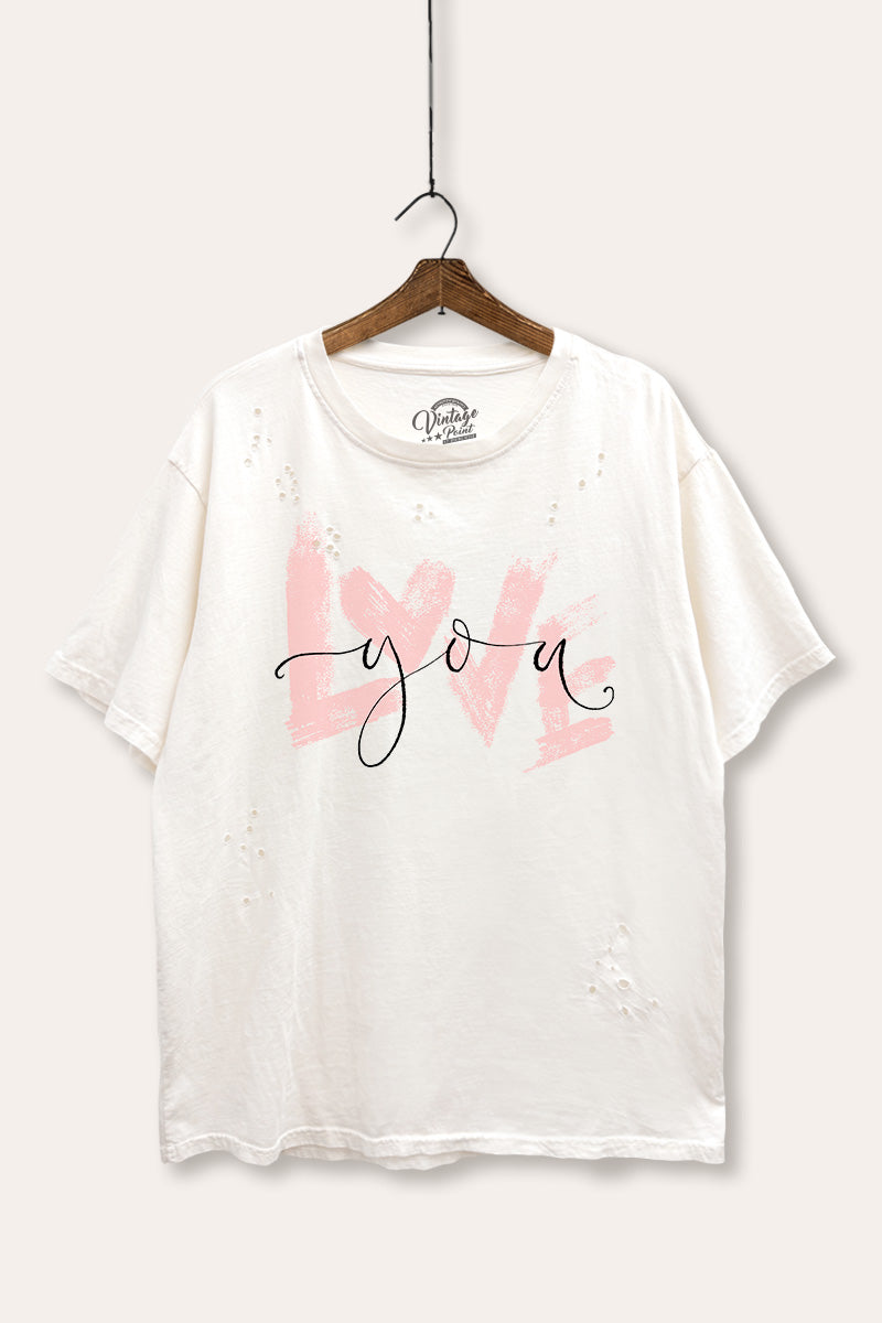 Love You Heart Graphic Mineral Wash Distress Tee