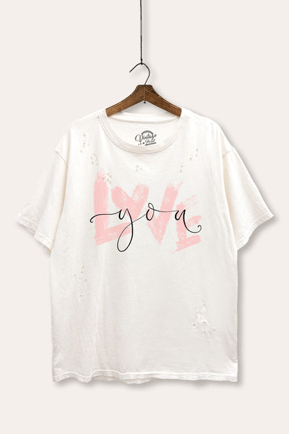 Love You Heart Graphic Mineral Wash Distress Tee