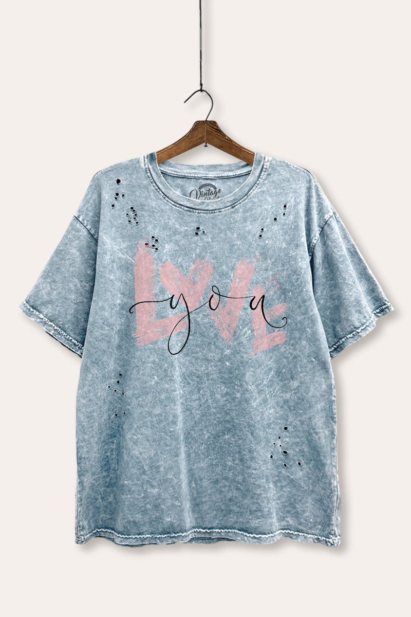 Love You Heart Graphic Mineral Wash Distress Tee