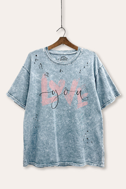 Love You Heart Graphic Mineral Wash Distress Tee