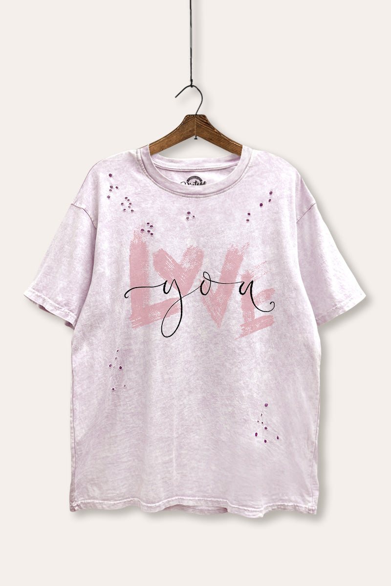 Love You Heart Graphic Mineral Wash Distress Tee