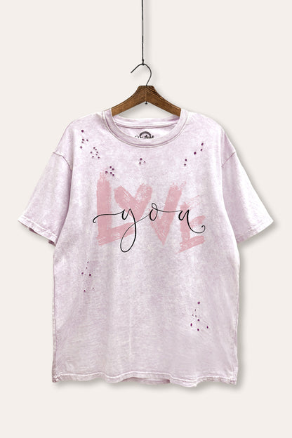 Love You Heart Graphic Mineral Wash Distress Tee