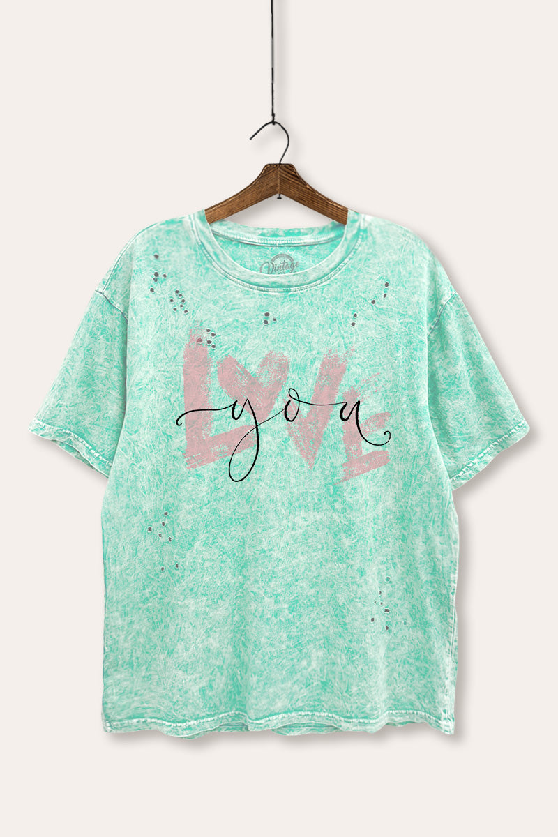Love You Heart Graphic Mineral Wash Distress Tee