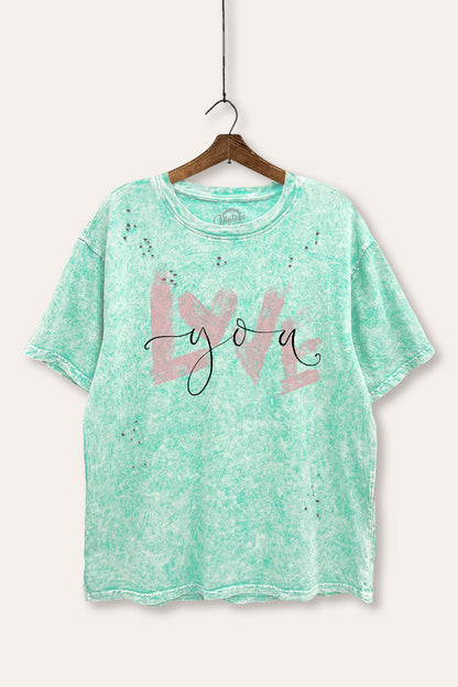 Love You Heart Graphic Mineral Wash Distress Tee