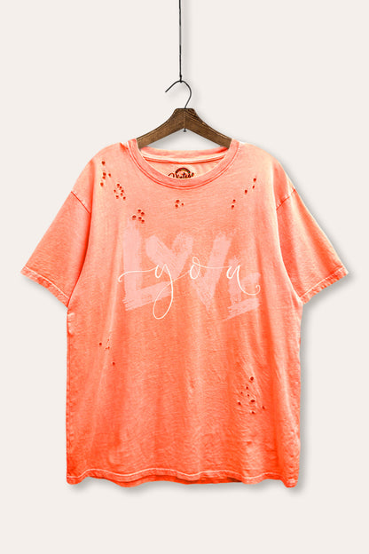Love You Heart Graphic Mineral Wash Distress Tee