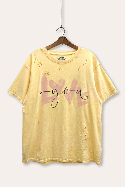 Love You Heart Graphic Mineral Wash Distress Tee